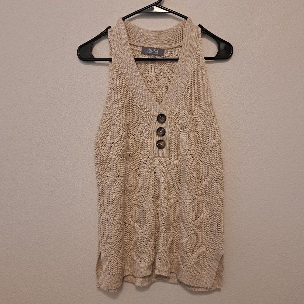 Marled Reunited Clothing Cream Cable Knit Sleeveless Sweater Vest V-Neck Medium